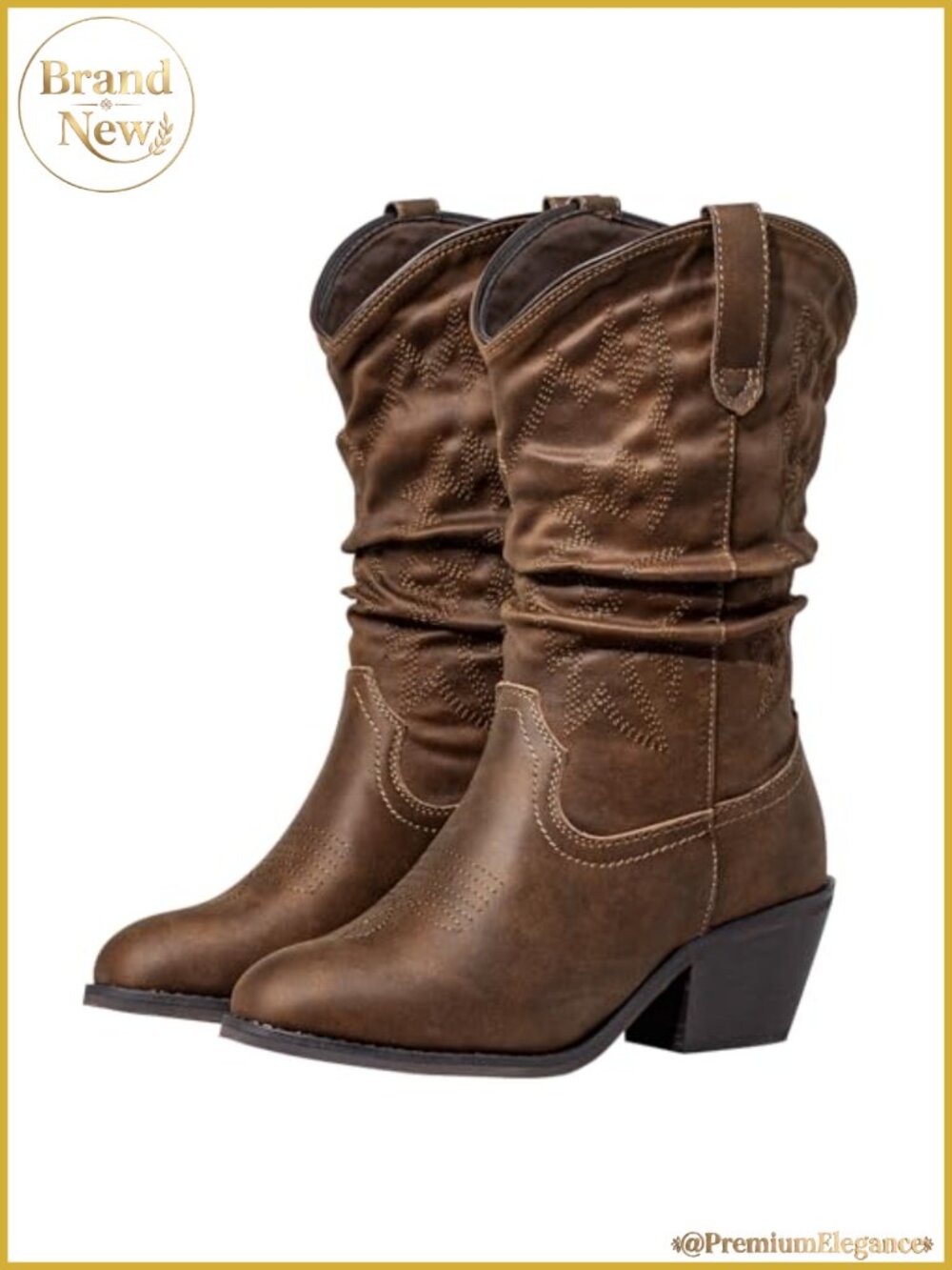 Wide Calf Cowboy Boots with Embroidery Almond Toe Chunky Heel Pull-On